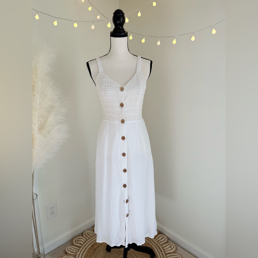 🌾 Jessica Simpson White Crochet Midi‎ Dress with Pockets